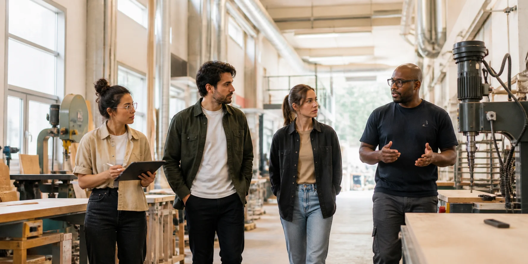 A multidisciplinary studio team learning from an instructor inside a vocational training facility