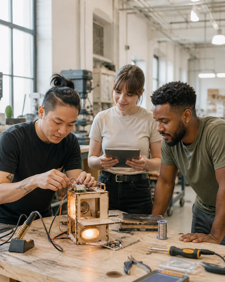A multidisciplinary studio team building and testing a physical and digital prototype together