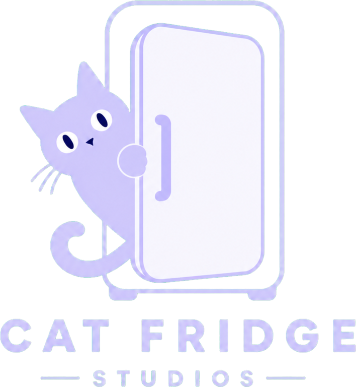 Cat Fridge Studios: a cat peeking around an open refrigerator door
