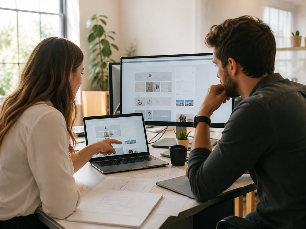 A designer and developer working together on a responsive web application