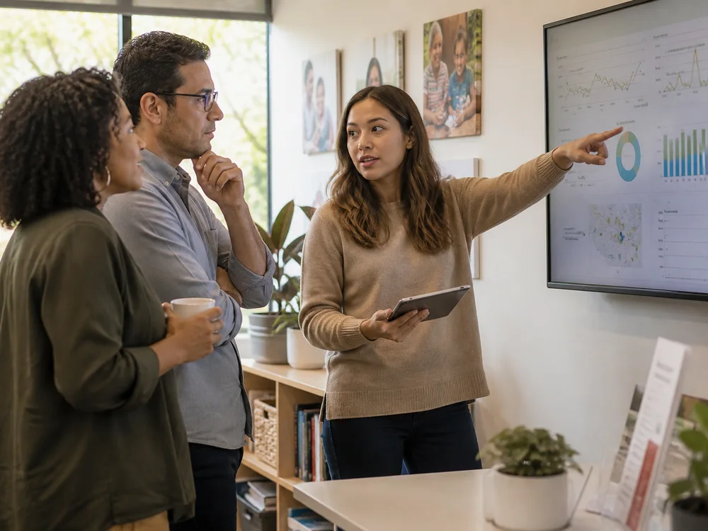 A community service team reviewing operational demand on a shared dashboard
