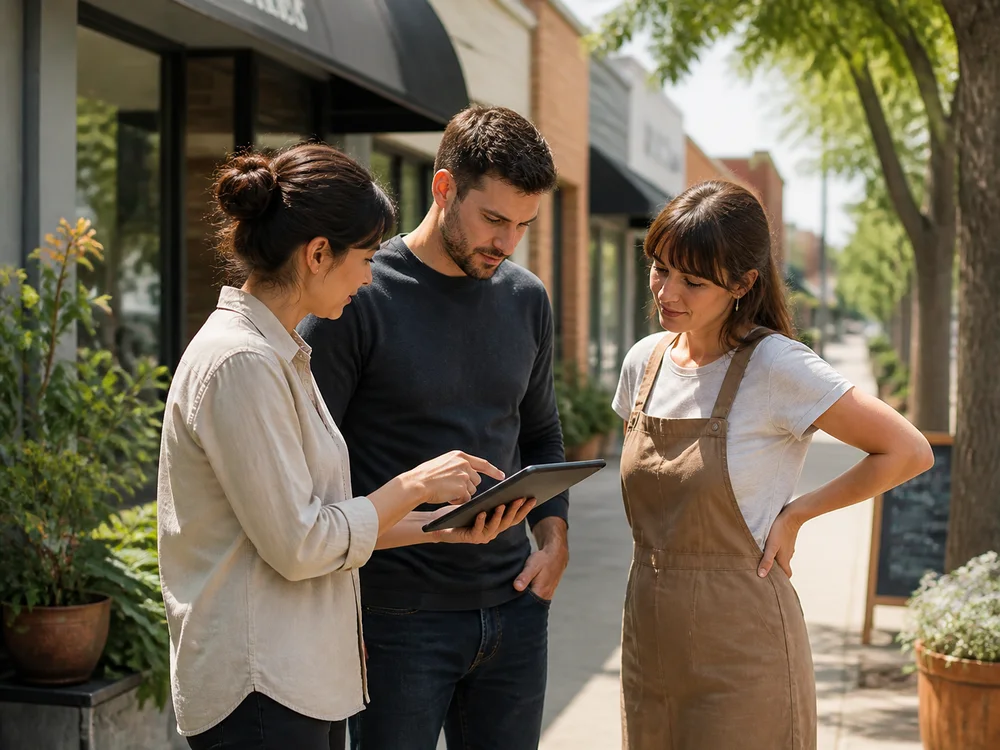 Two colleagues reviewing notes with a local business operator