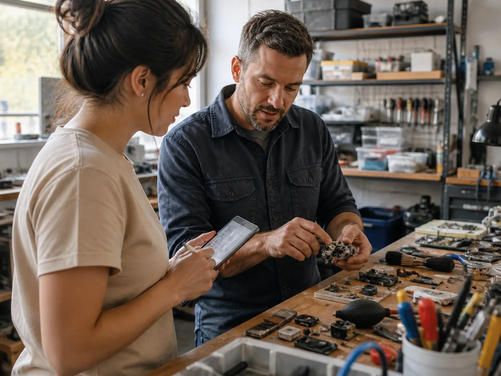 A product researcher learning a repair technician's parts-tracking workflow