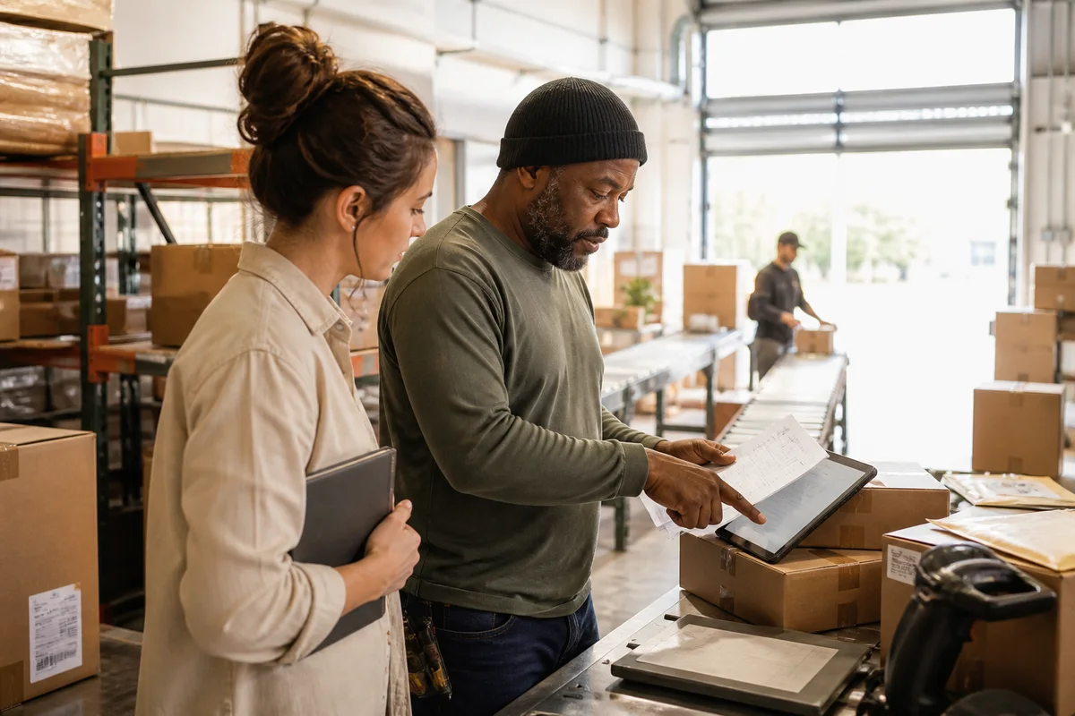 A researcher observing an experienced worker's dispatch process in a warehouse