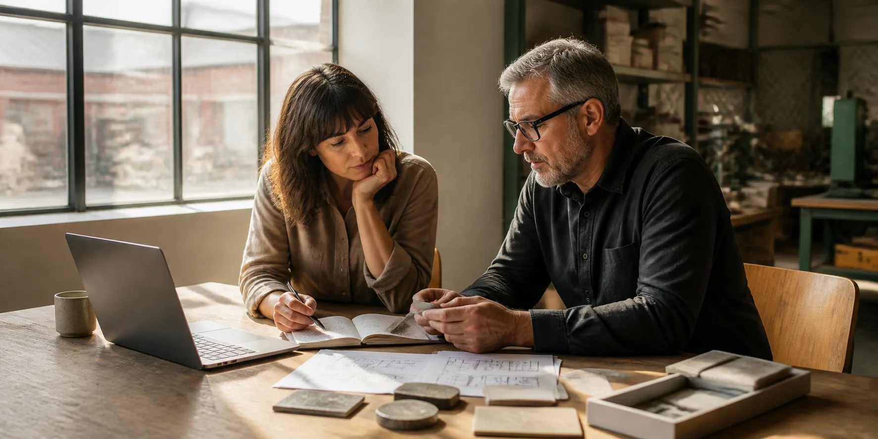 A researcher and an experienced manufacturer reviewing field notes, diagrams, material samples, and a laptop