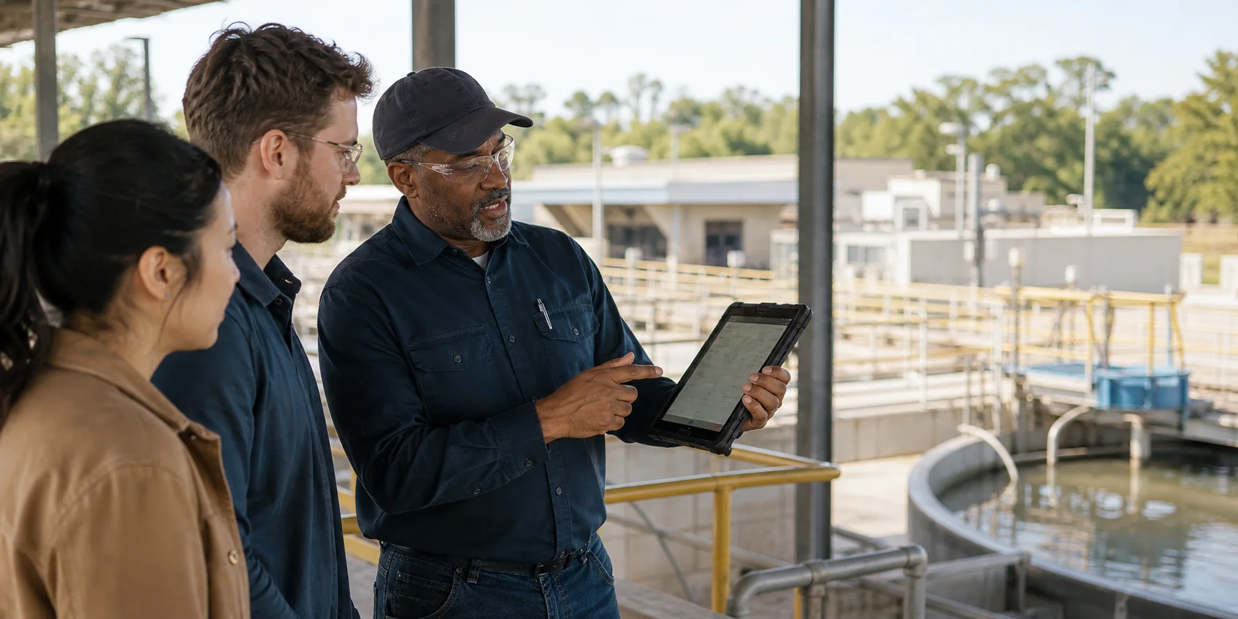 An experienced public-works operator explaining an inspection process to two researchers